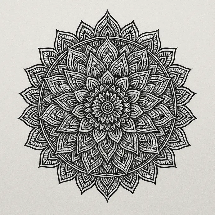 Drawing tools and a precise mandala pattern for beginners.