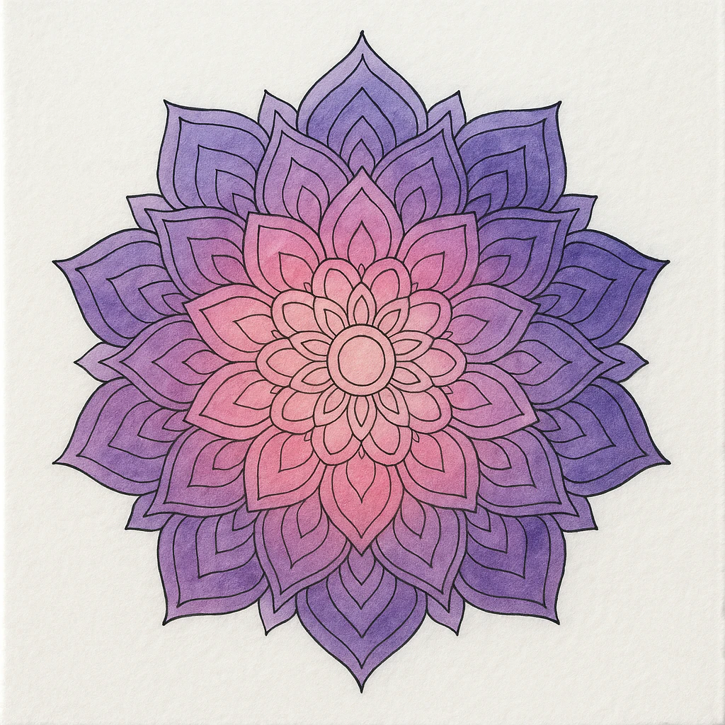 Mandala design colored using watercolor techniques.