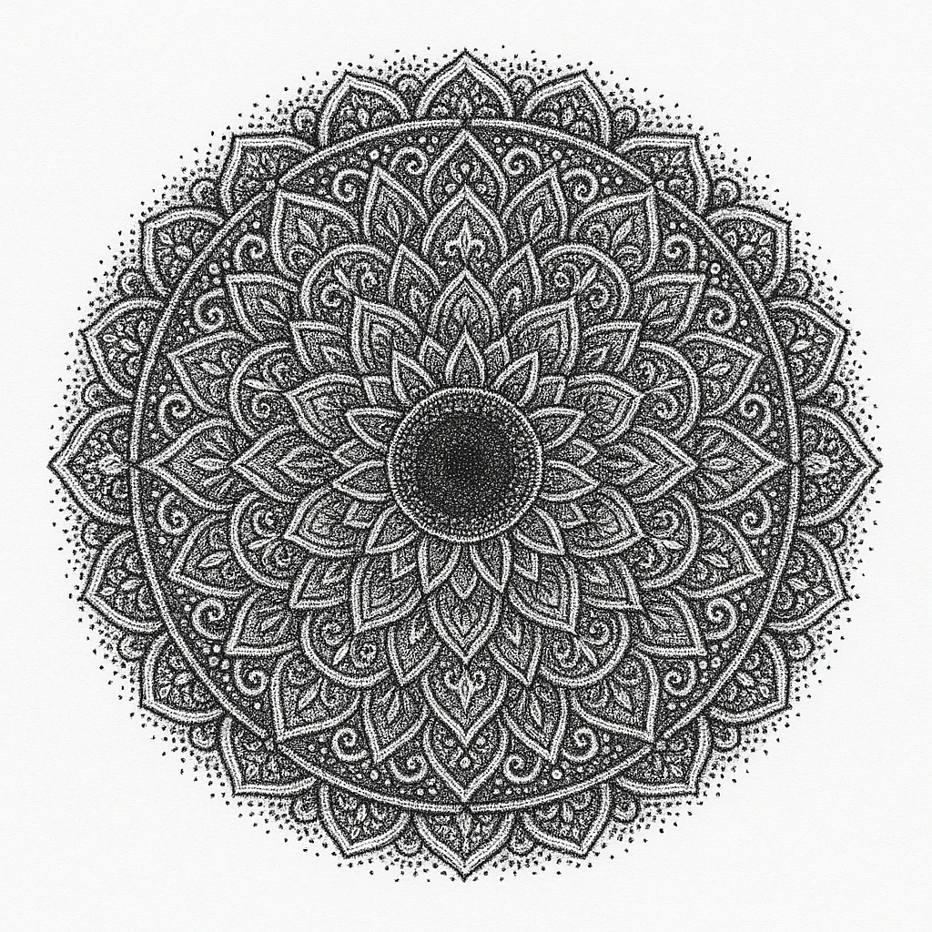 Dot-work mandala featuring gradated shading.
