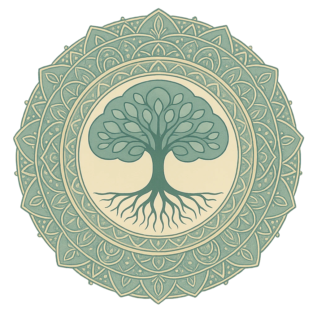 Therapeutic mandala integrating healing symbols.