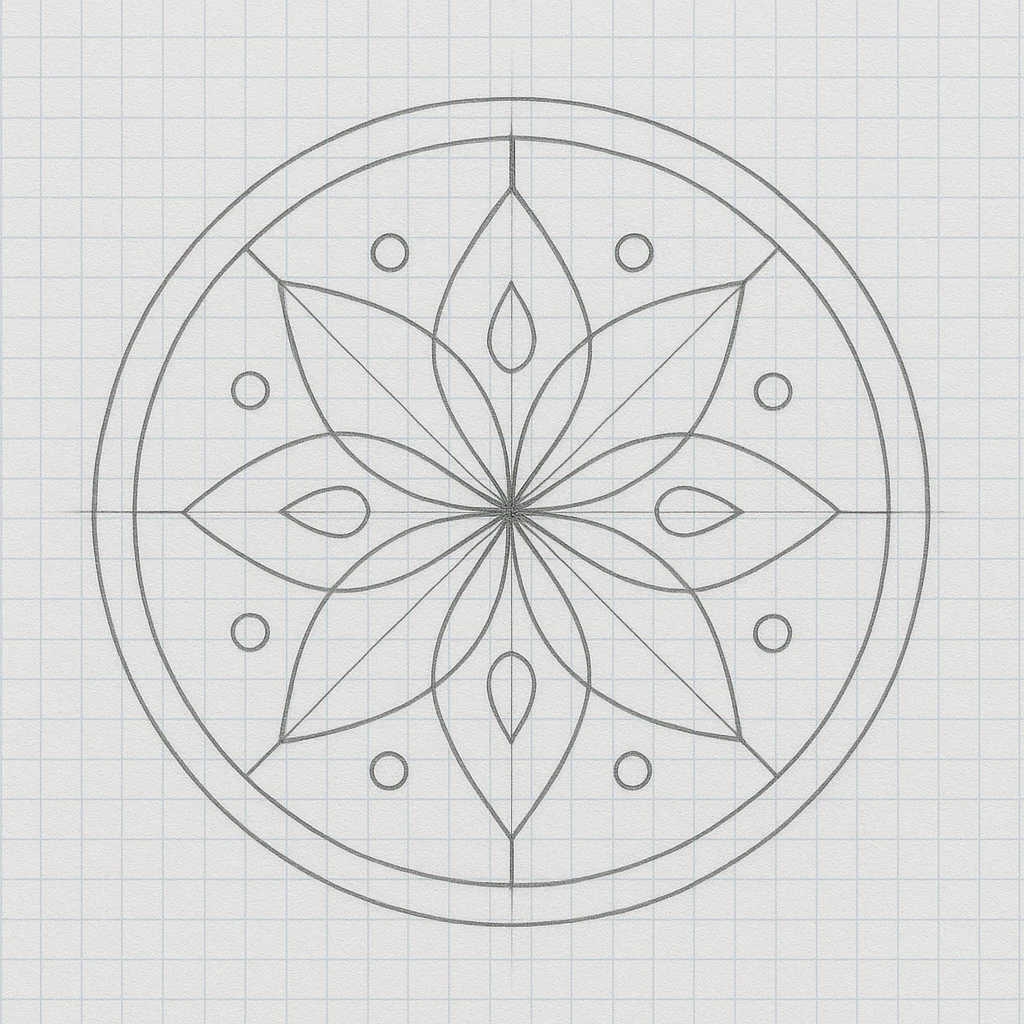 Basic symmetry structures in a geometric mandala design.