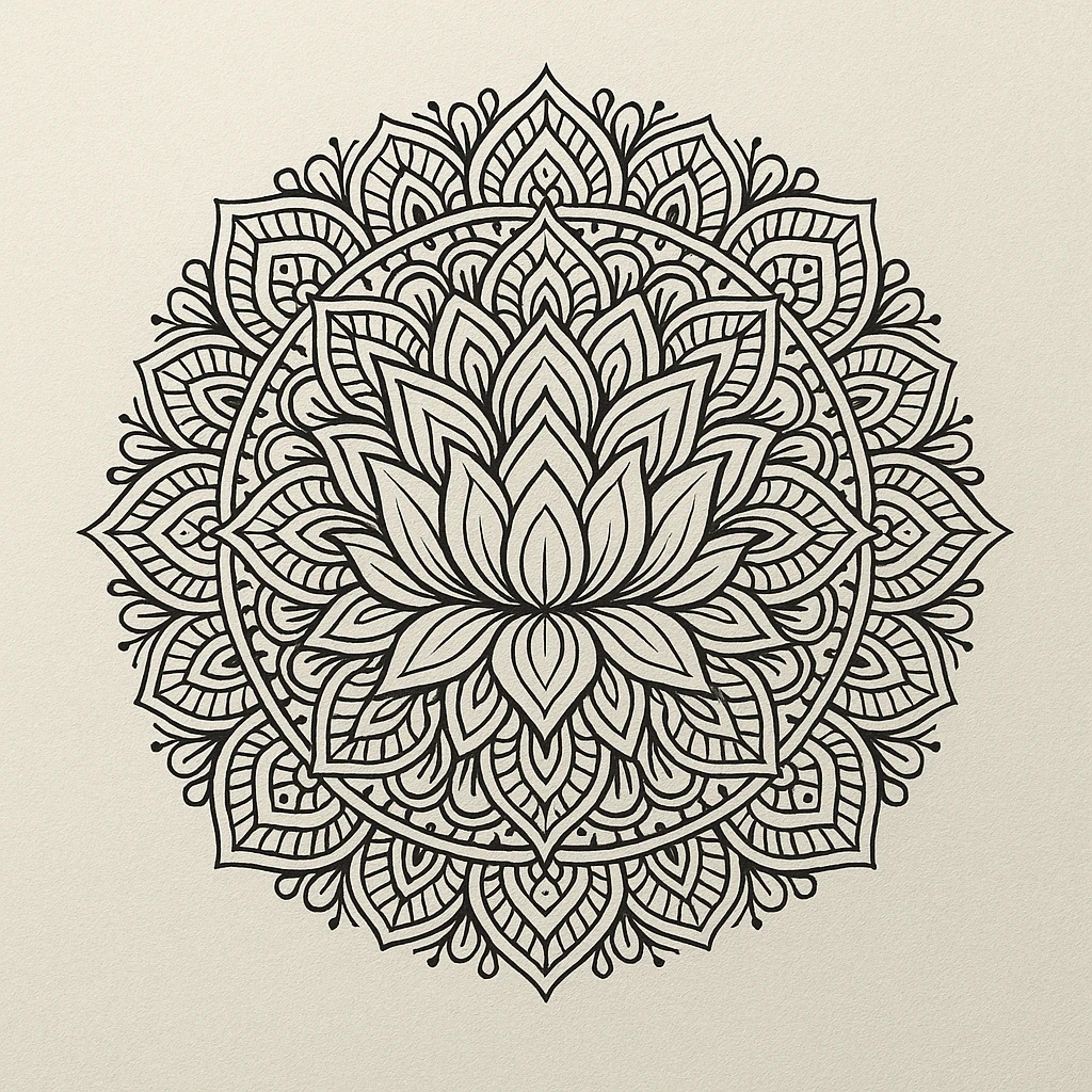 Fundamental lotus flower mandala drawing in black ink.