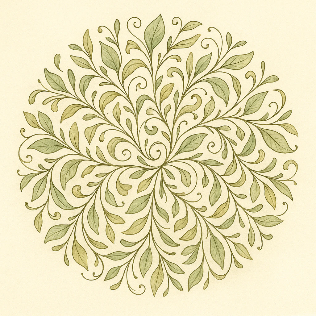 Mandala featuring organic leaf and vine motifs.
