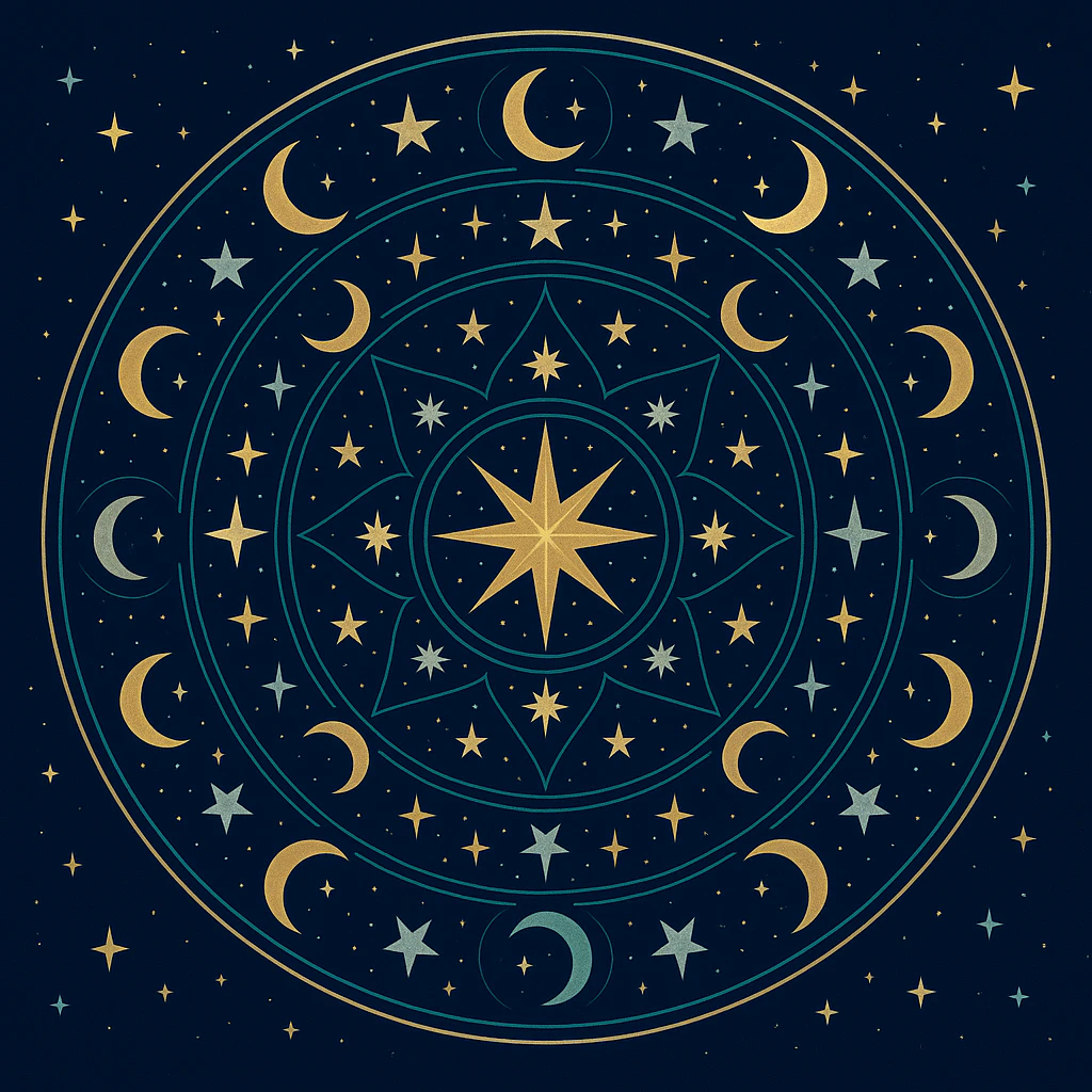 Celestial theme mandala with stars and moons.