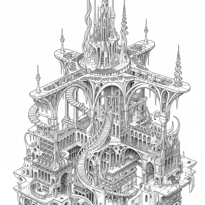 A fantastical architectural drawing merging real-world details with surreal design.
