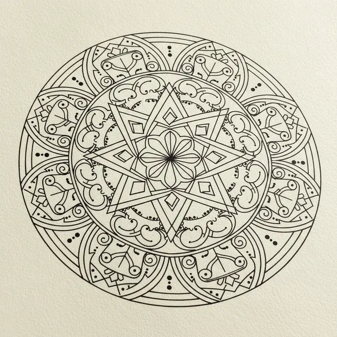 Linear artwork inspired by traditional cultural patterns and motifs.