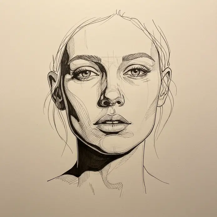A human face drawn with lines that vary dramatically in thickness and pressure.