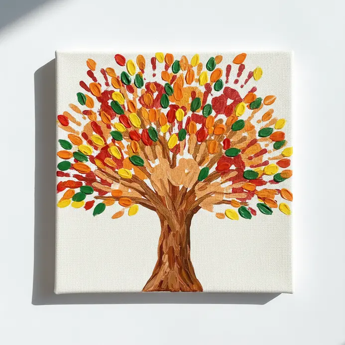 A canvas art piece featuring overlapping handprints arranged as a tree with painted leaves.