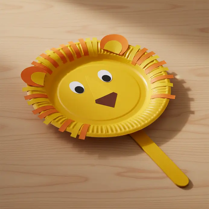 Three decorated paper plate animal faces with craft stick handles on a wooden table.