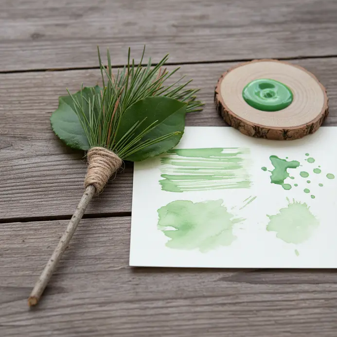 A piece of paper with paint strokes made using a pine branch bound as a brush.