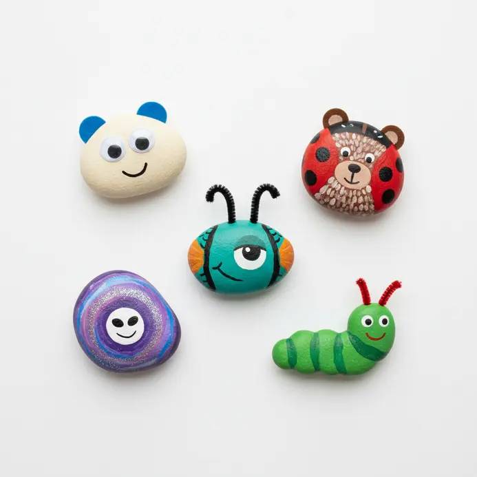 An assortment of smooth, painted rocks designed to look like animals and creatures.