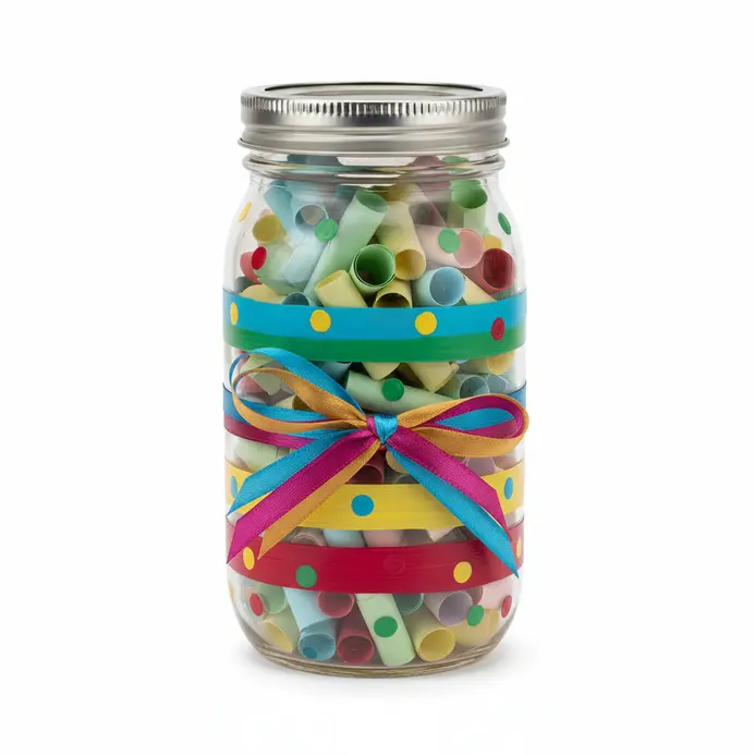 A glass jar decorated with ribbons and paint, containing small rolled papers inside.