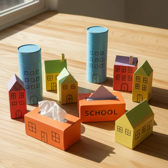 A miniature cityscape constructed from various sized and painted cardboard boxes.