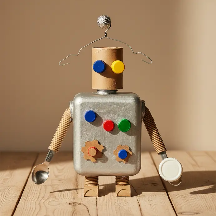 A robot sculpture assembled from cardboard tubes, bottle caps, and plastic containers.