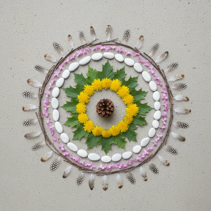 A symmetrical mandala pattern on the ground made from leaves, petals, and pine cones.