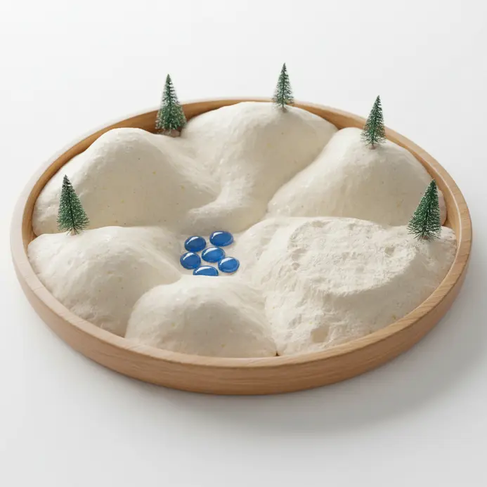 Cloud dough molded into hills and textured landscapes on a tray.