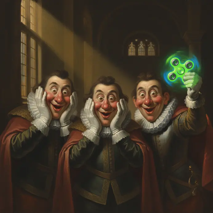 A classical painting scene with cartoonish figures sneaking a selfie in the background.