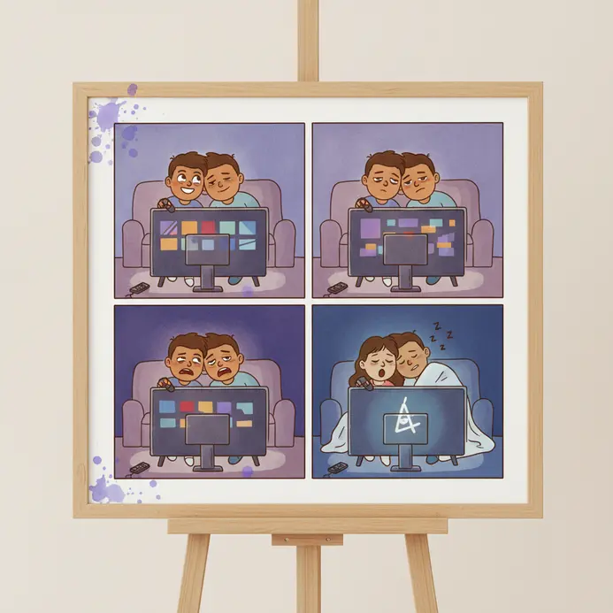 A comic strip about a couple unable to choose a movie on a streaming service.