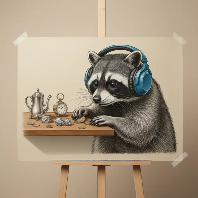 A raccoon wearing headphones while carefully organizing a shelf of shiny objects.