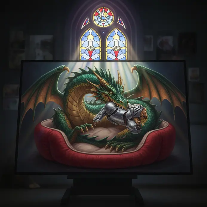 A large dragon contentedly chewing on a knight-shaped dog toy in a plush bed.