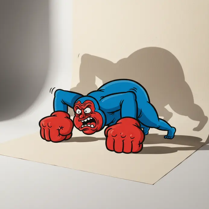 A cartoon character with huge hands and tiny feet struggling to do a push-up.