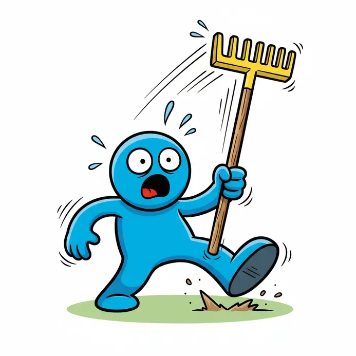 A cartoon character frozen in the moment before a rake handle smacks their face.