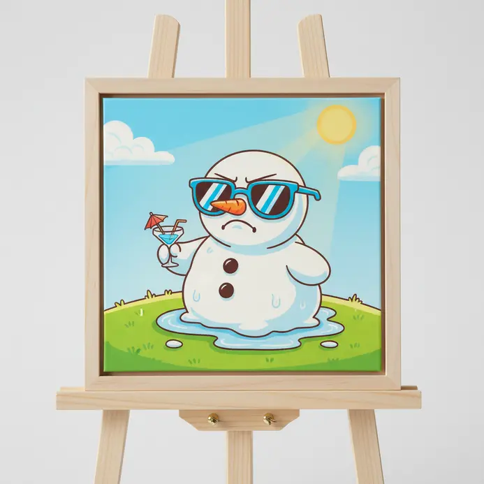 A melting snowman wearing sunglasses and relaxing with a tropical drink.