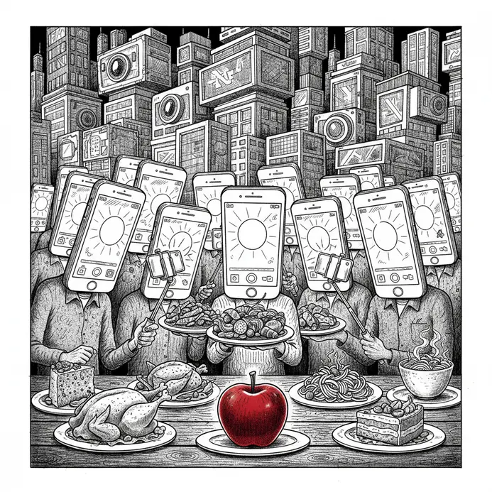 An editorial-style cartoon about people photographing food instead of eating it.
