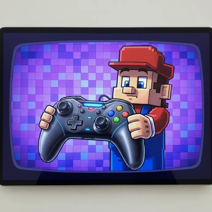 A pixelated video game character puzzled by a complex modern game controller.