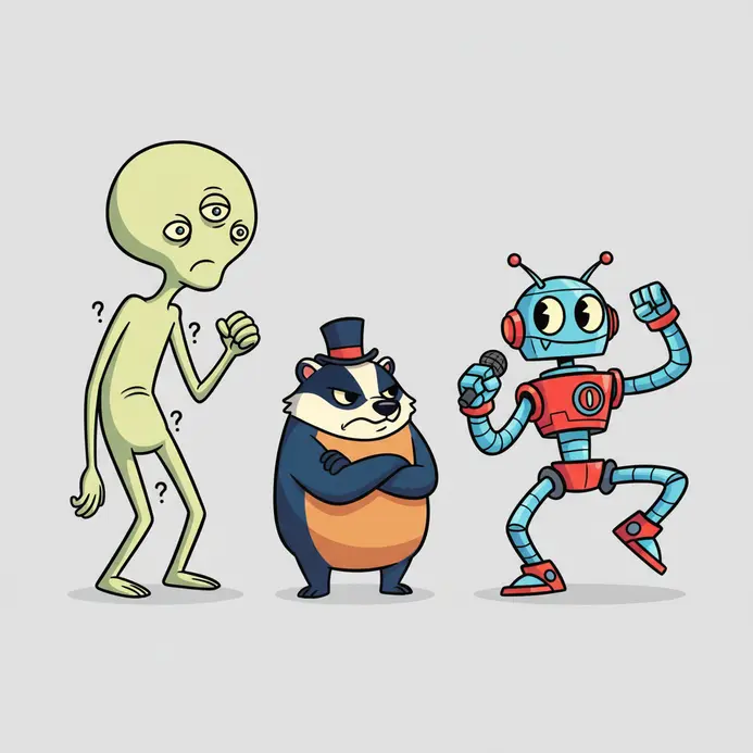 A lineup of three original, simply designed cartoon characters for a comic series.