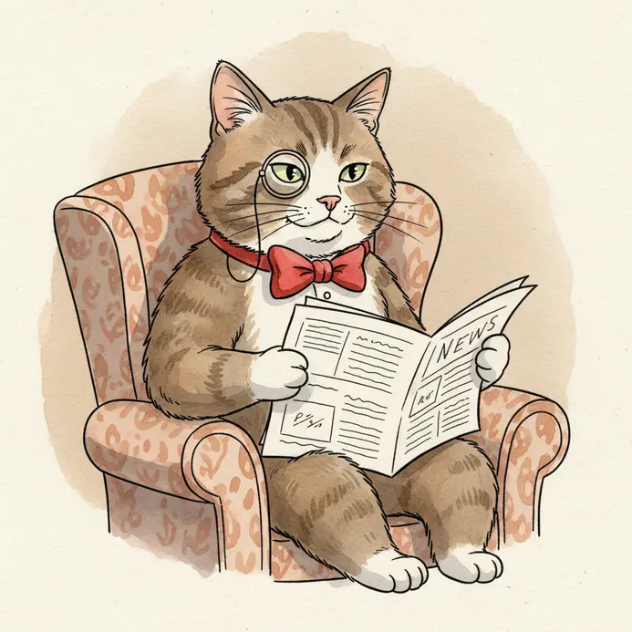 A cat in a bow tie and monocle reading a newspaper in a plush armchair.