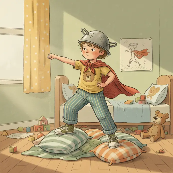 A child in an improvised superhero costume made from household items.