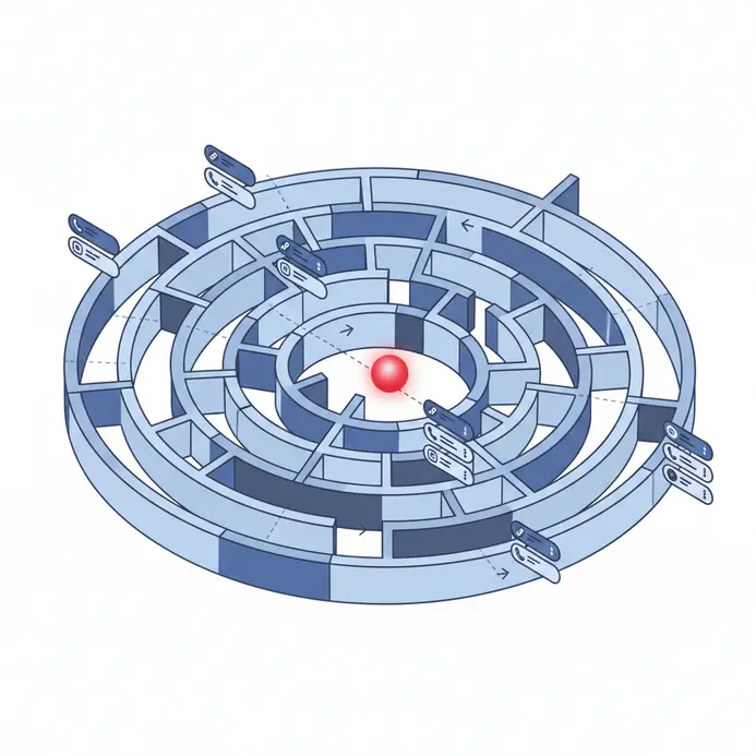 A cartoon depicting an automated phone menu as a complex, inescapable maze.