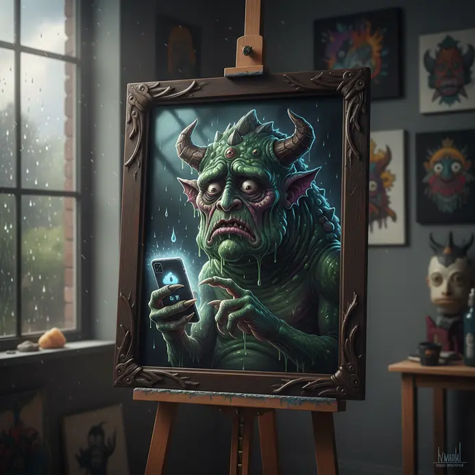 A worried-looking slime monster checking a weather app on a smartphone.