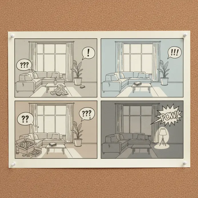 A text-based comic strip showing an empty room with off-screen conversations.