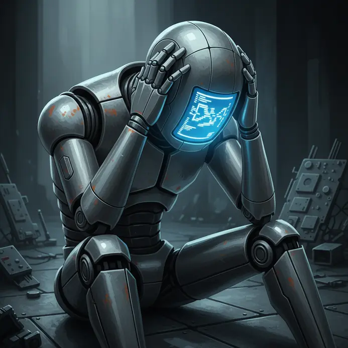 A despairing robot with a computer error screen on its face.