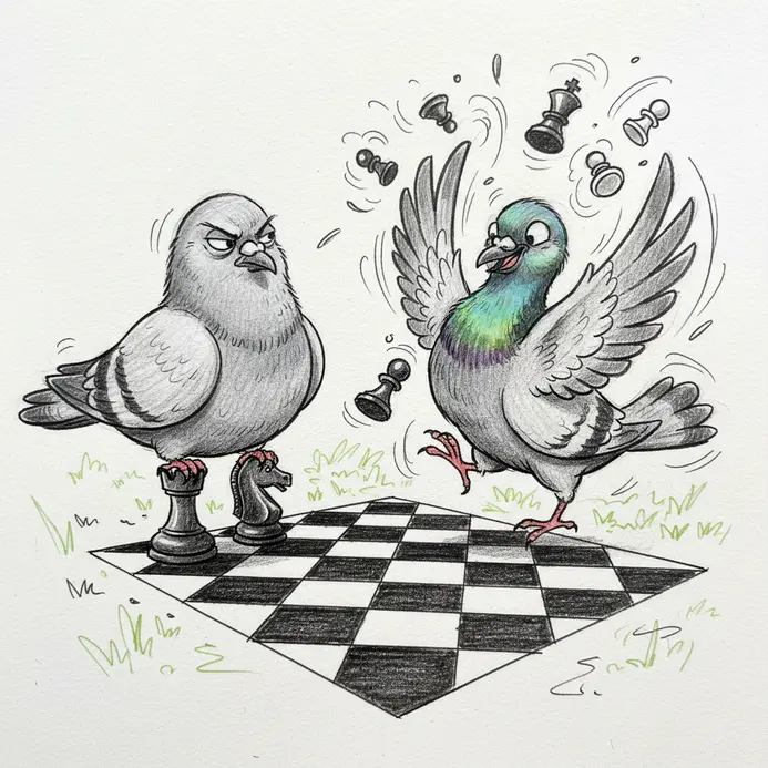 Two pigeons intently facing off over a chessboard in a park.