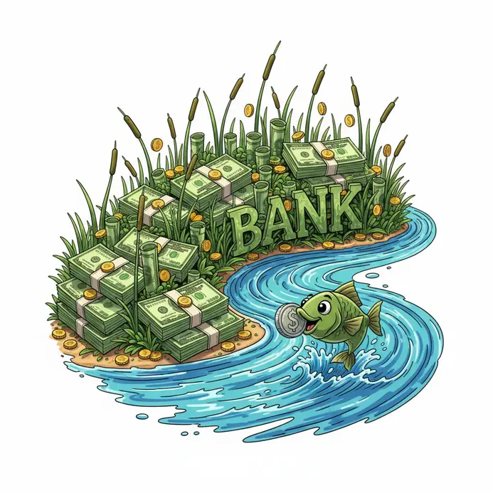 A literal riverbank where money grows like plants, illustrating a visual pun.
