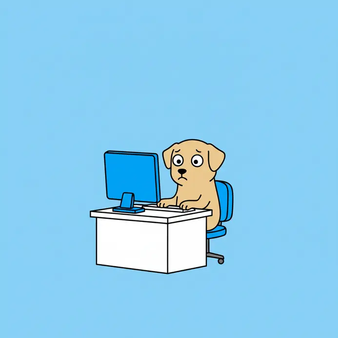 A simple cartoon dog looking confused while sitting at a computer desk.