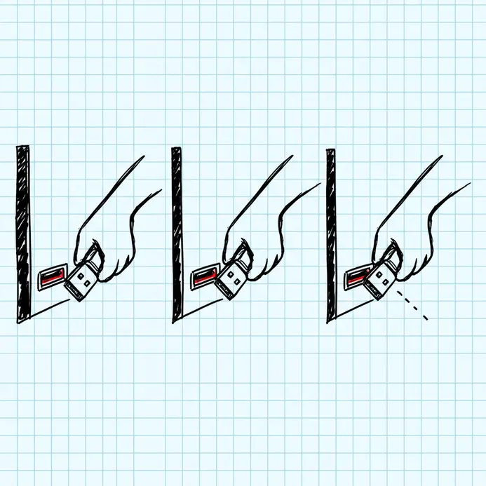 A three-panel comic about the universal struggle of plugging in a USB cable.