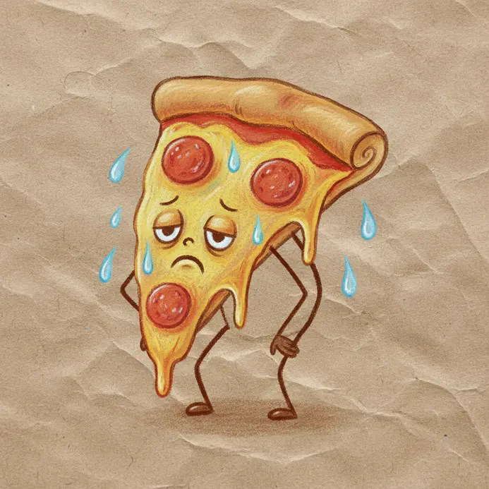 An exhausted slice of pizza with arms and legs, sitting down to catch its breath.