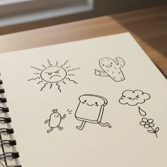 A collection of minimalist, witty doodles in the corner of a notebook page.