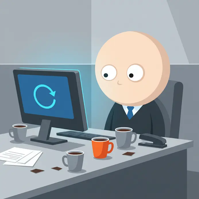 A cartoon office worker defeated by a spinning loading icon on their monitor.
