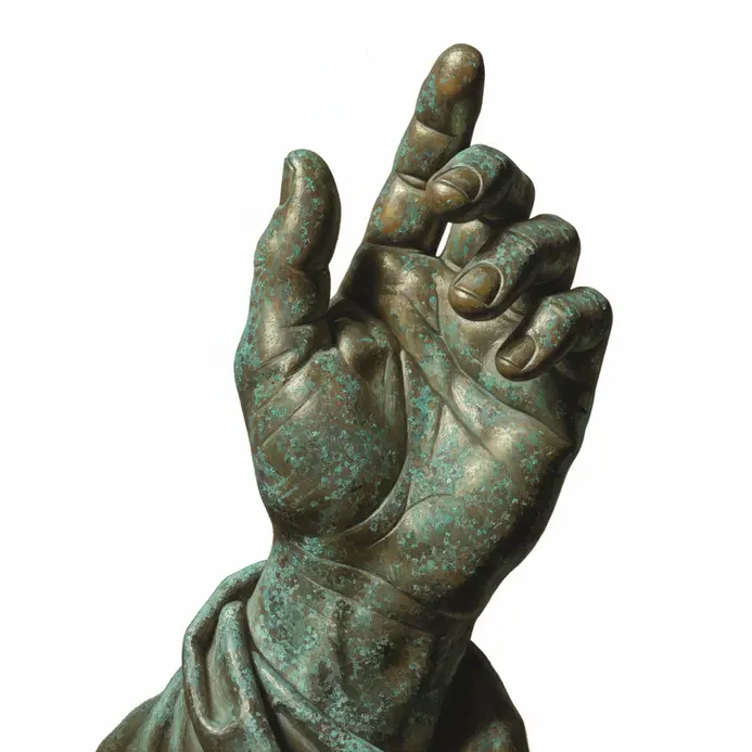 Detailed oil painting of a tarnished metal surface with complex patina