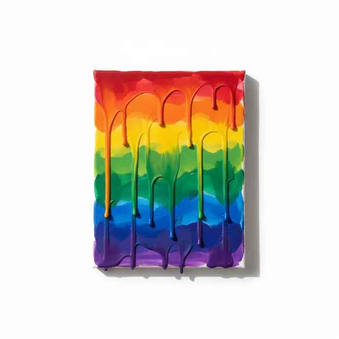 Colorful melted crayon wax creating a smooth gradient drip effect on a white canvas.