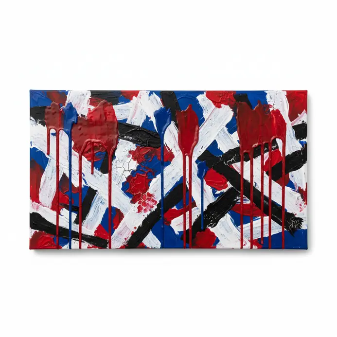 A mixed-media artwork combining melted crayon textures with acrylic paint strokes.