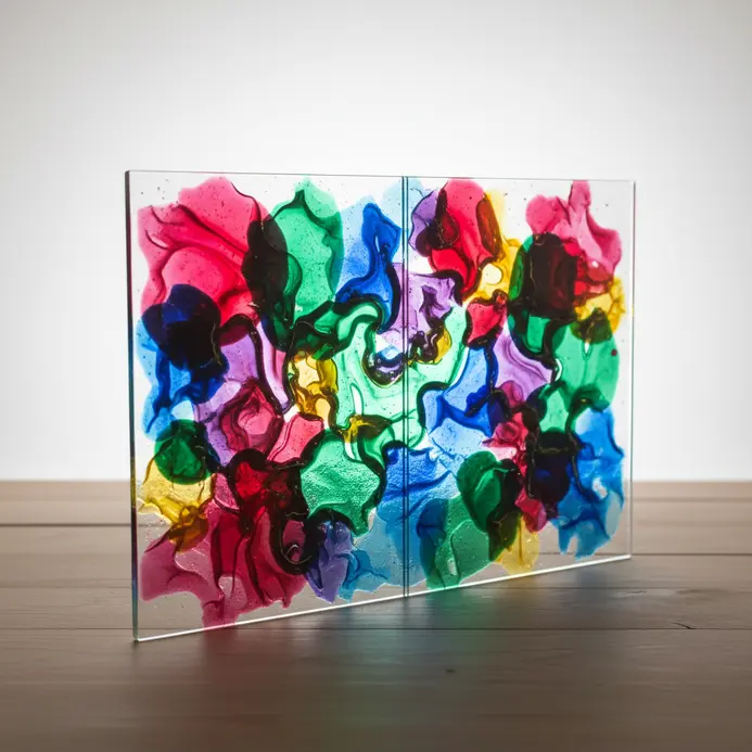 Melted crayon art sandwiched between clear glass creating a stained glass effect.