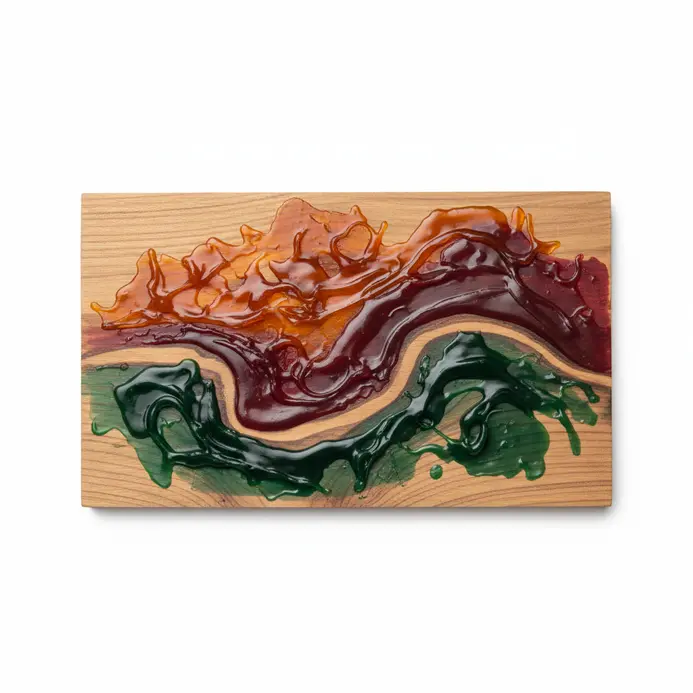 Melted crayon art on wood showing the natural grain through the colored wax.