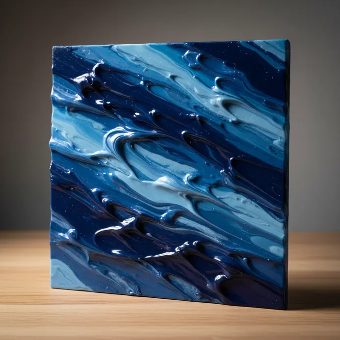 Various shades of blue melted crayon wax flowing in abstract patterns on a surface.