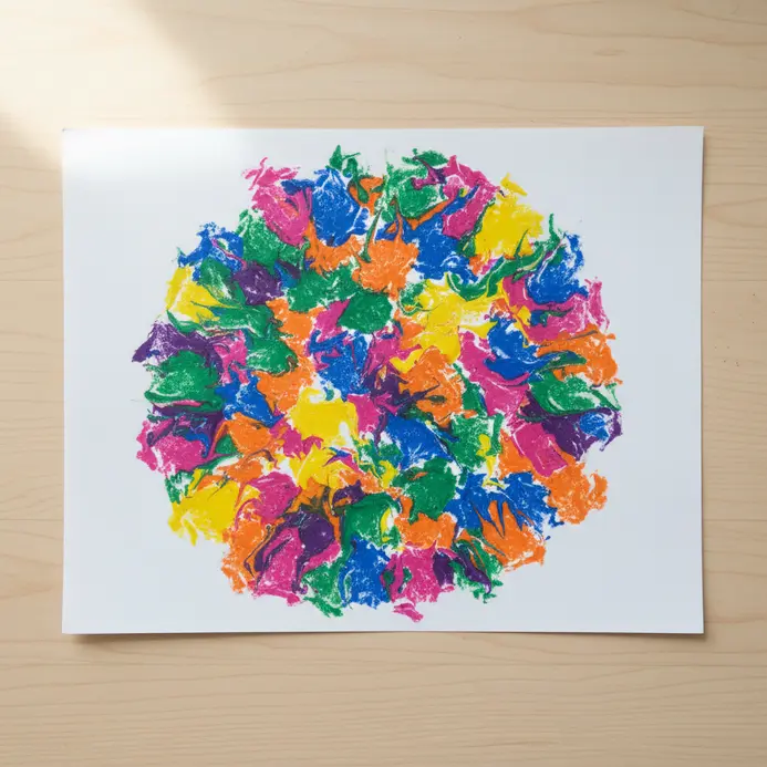 A flat printed transfer of melted crayon shavings made with a household iron.